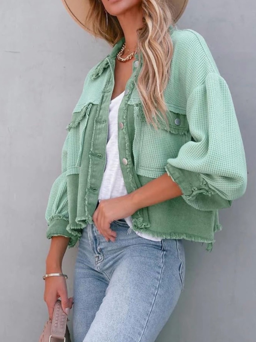 Amazon Women's Green Waffle Knit Denim Lightweight Cropped Jacket | L